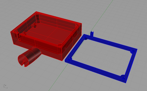 Image showing the illuminator housing's 3D CAD design; an open-topped rectangular box for the rear, with various details for fixing screws and to attach the ground stake, and an open rectangular frame for the front.